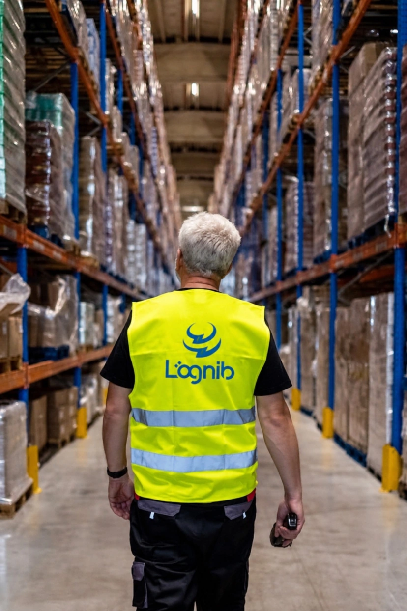 Un préparateur en gilet Lognib remonte une allée bordée de racks chargés de palettes filmées.